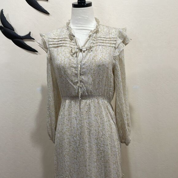 OPT Floral Tiered Ruffle Midi Dress Neutral Gold Prairie BOHO Floral, Size M - Picture 9 of 10